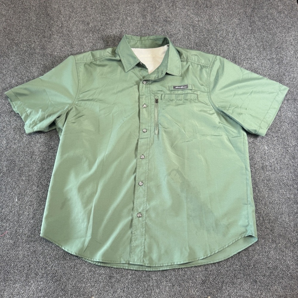 Eddie Bauer Men's XL Short Sleeve Fishing Shirt Green Ripstop Vented Mesh Back